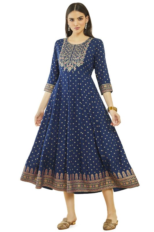 Soch Women Rayon Floral Embroidered Dress Kurta with Waist Tie-Up