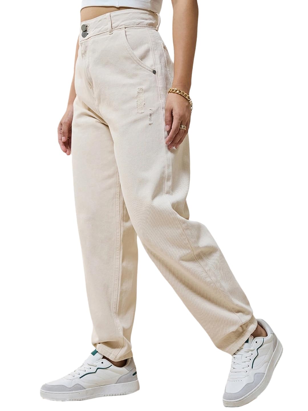 Bewakoof Womens Solid Tapered Fit Cotton Baggy Jeans_625165_Beige_36