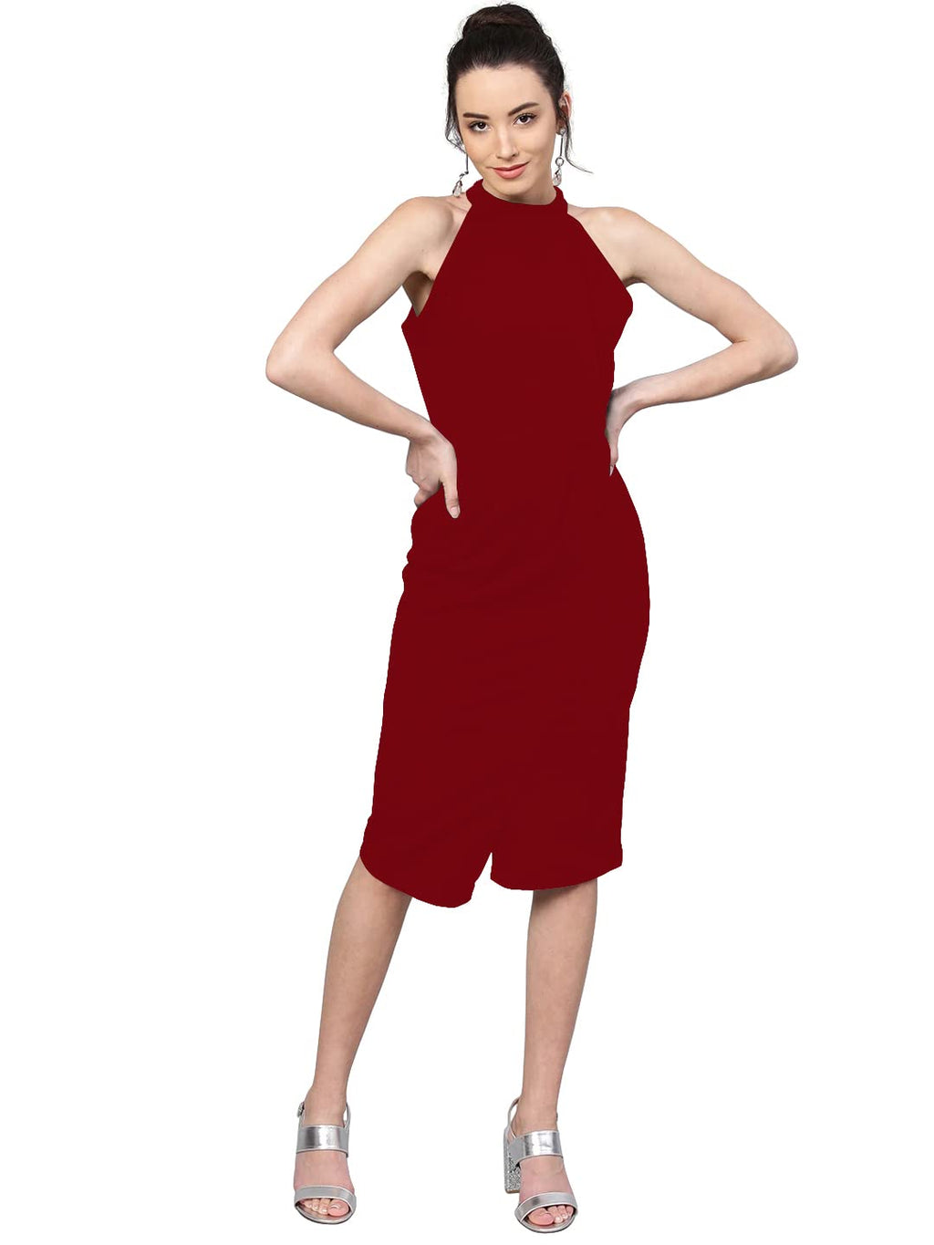 Shasmi WomenS Comfortable Maroon Halter Neck Sleeveless Solid Midi Bodycon Casual Western Stylish Dress For Womens/Midi Dress F