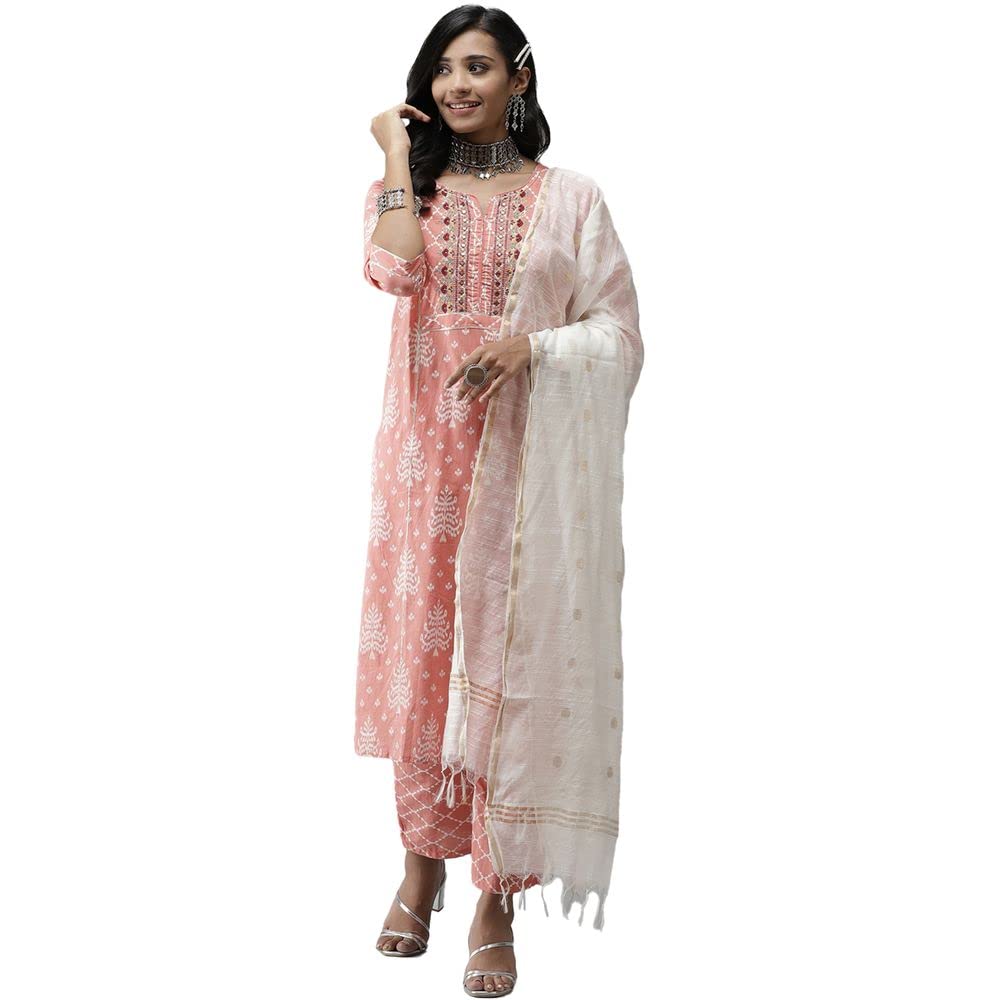 Anubhutee Women'S Cotton Pink Ethnic Motifs Embroidered Straight Kurta Suit Set With Palazzo And Dupatta