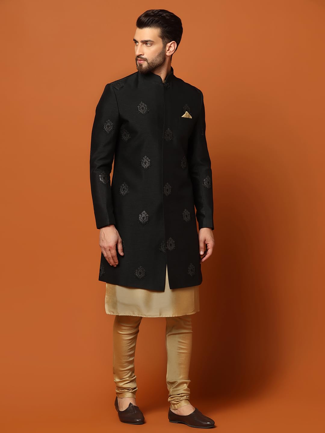 Kisah MenS Black And Golden Indo-Western Kurta Sherwani Churidar Set Cotton Silk Full Sleaves, Knee Length, Straight, Regular F