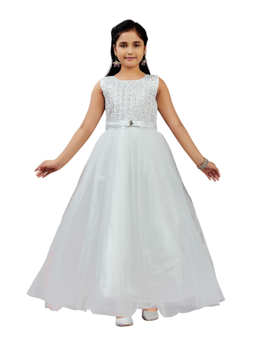 Aarika Girls White Colour Emballished Net Gown (3-9 Years)