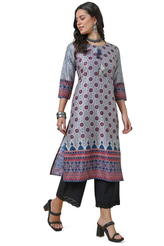 Soch Womens Grey Ethnic Motifs Kurta With Tie-Up Neck