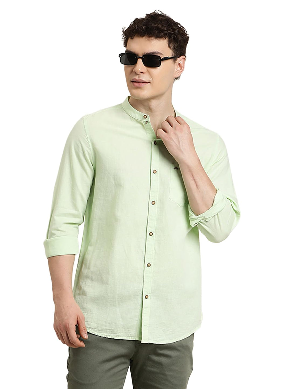 Turtle Men Slim Fit Solid Cotton Linen Pista Green Casual Shirt