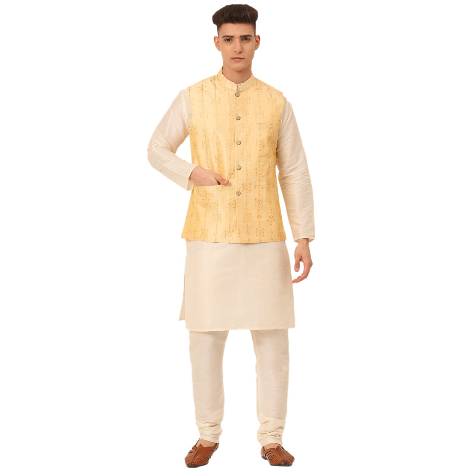 Jompers Mens Solid Dupion Silk Kurta Pyjama Set With Embroidered Nehru Jacket