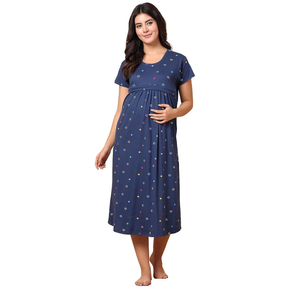 Secret Wish Navy Blue Floral Hosiery Maternity Nighty Calf Length