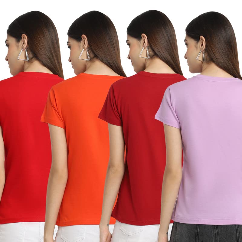 Preneum Womens Cotton Regular Fit Latest Graphic Stylish Printed Short Sleeves Casual T-Shirt (Pack 4), Red & Orange & Red & Pu