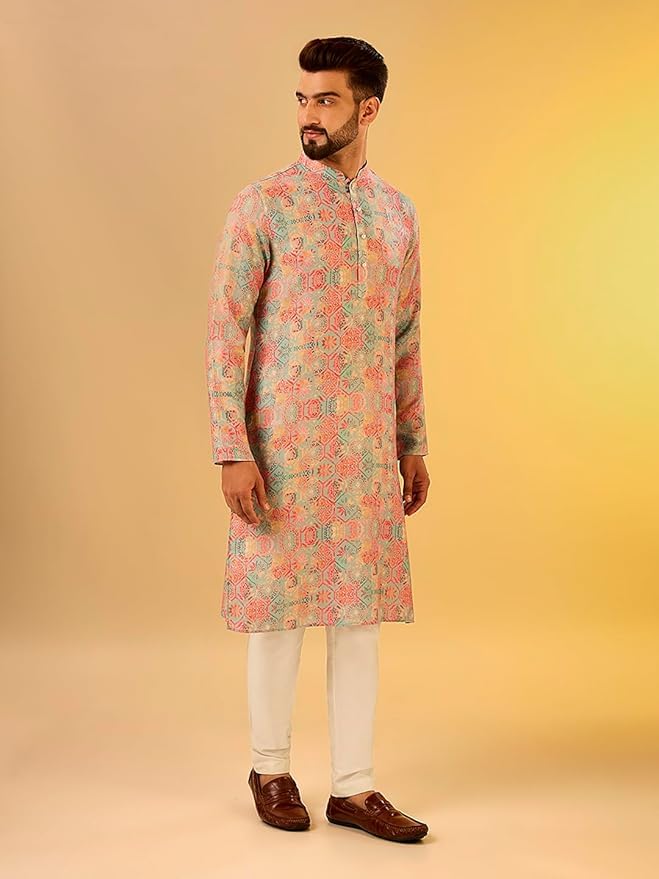 Kisah MenS Multi-Color Printed Cotton Kurta-Regular Fit Long Tunic With Mandarin Collar | Ethnic Wear For Weddings & Festive Oc