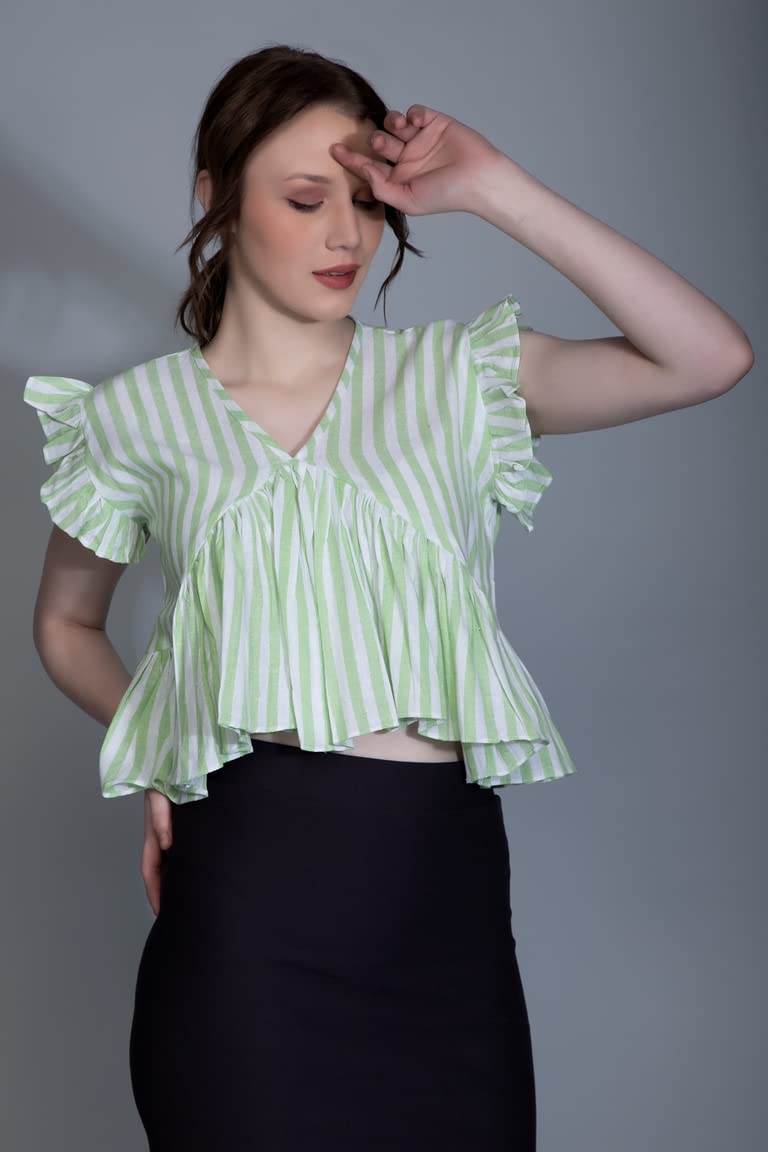 Leriya Fashion WomenS Western Crop Tops | Fancy Stripped With Ruffle Sleeves | Button Down Lightweight Cotton For Girls | Suita