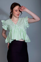 Leriya Fashion WomenS Western Crop Tops | Fancy Stripped With Ruffle Sleeves | Button Down Lightweight Cotton For Girls | Suita