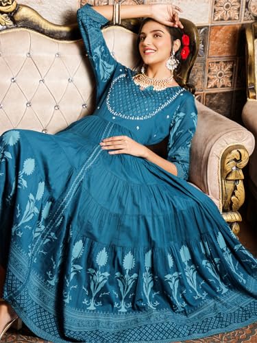 Ishin Teal Floral Printed Embellished Anarkali Dress With Tie-Up