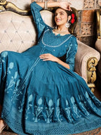 Ishin Teal Floral Printed Embellished Anarkali Dress With Tie-Up