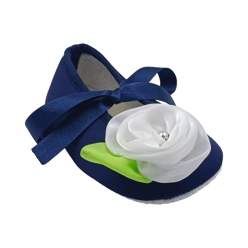 Rsmart, Navy Blue Baby Shoes With White Flower & Ribbon 0-3