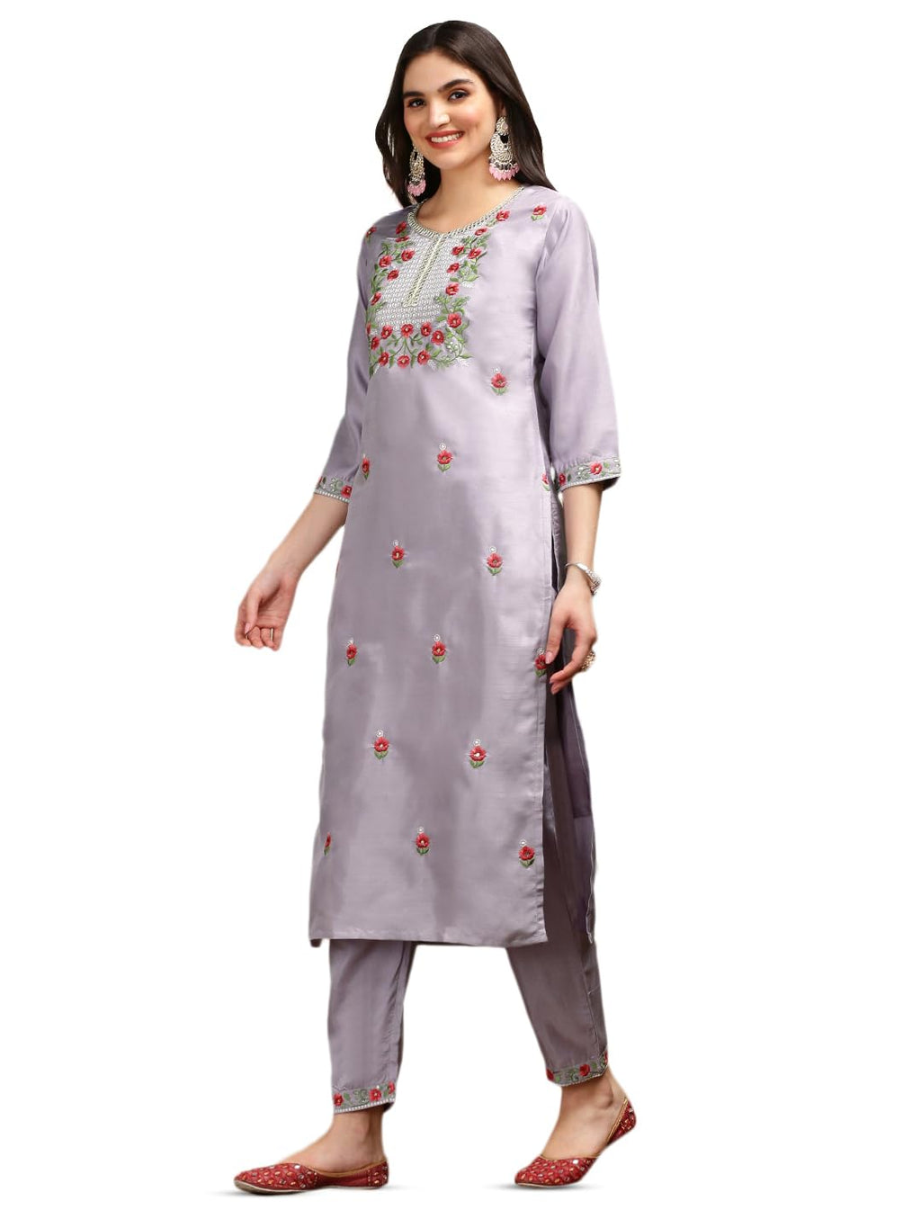 Ishin Floral Embroidered Thread Work Silk Chiffon Straight Kurta With Trousers & Dupatta | Kurta Set For Women | Kurta With Trou