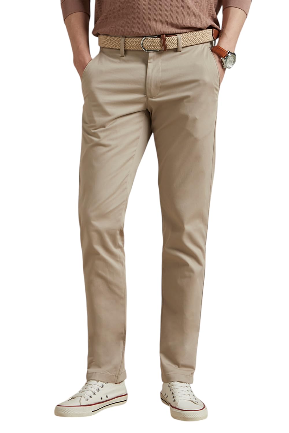 Men Beige Contemporary Fit Solid Flat Front Casual Trousers