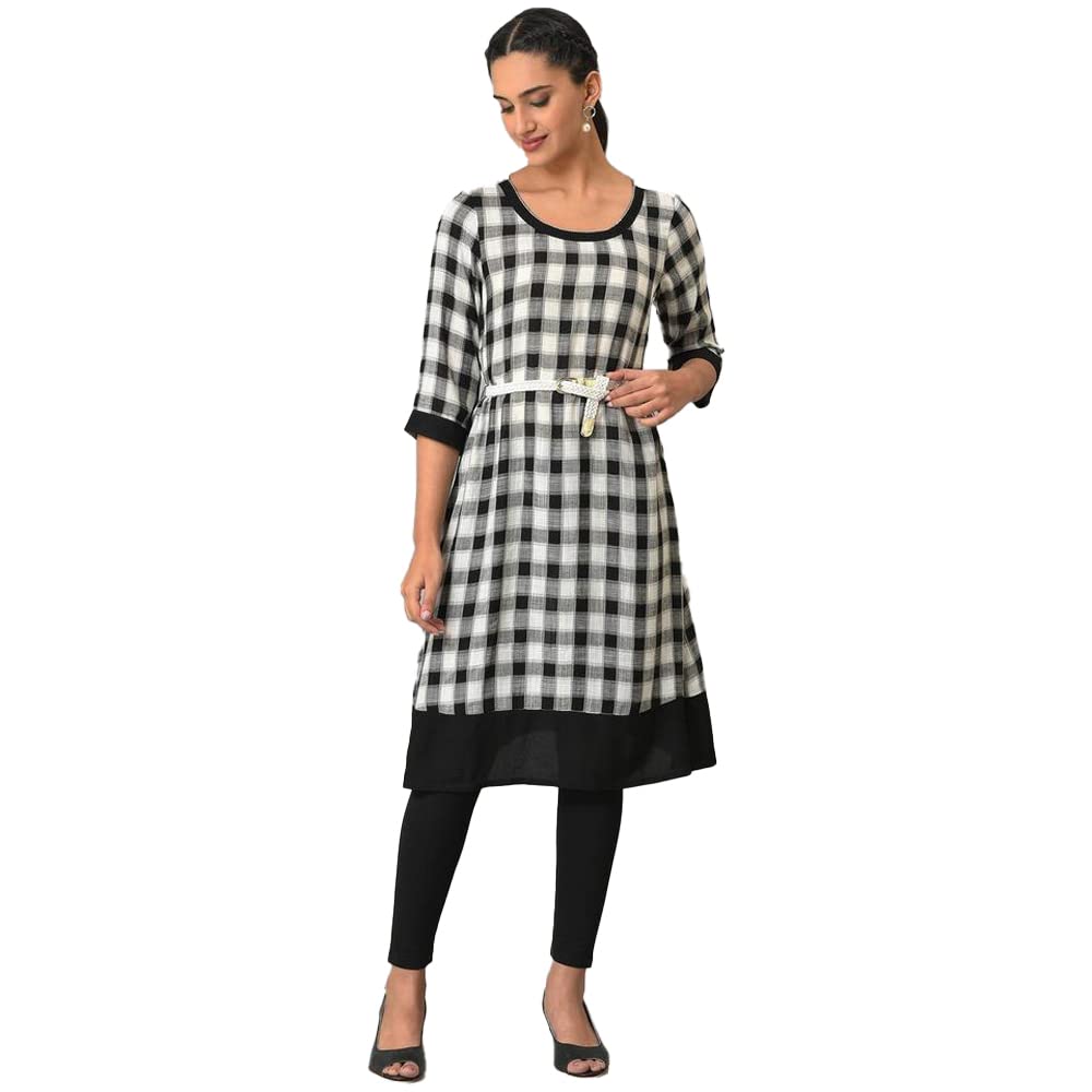 Aurelia WomenS Rayon Solid Regular Black Checker Dobby Kurta With Belt (23Fea13418-702611
