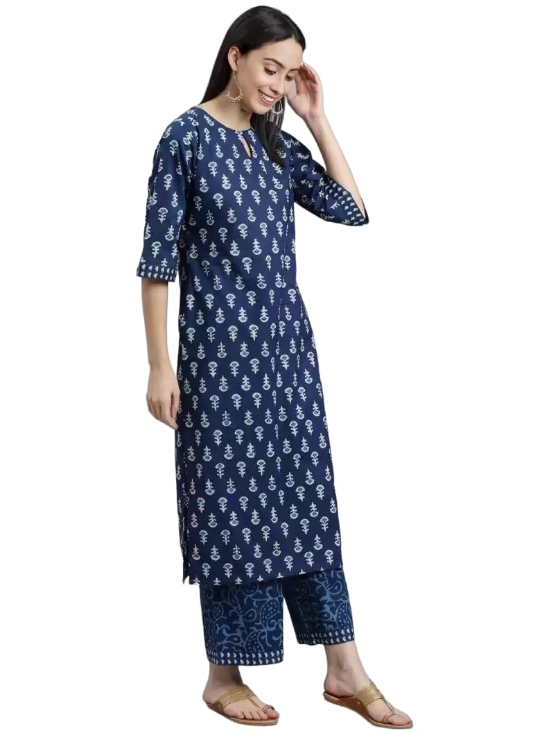 Lookmark Women'S Trendy Printed Cotton Blend Straight Blue Color Kurta And Palazzo Set (Ks2071-Xl)