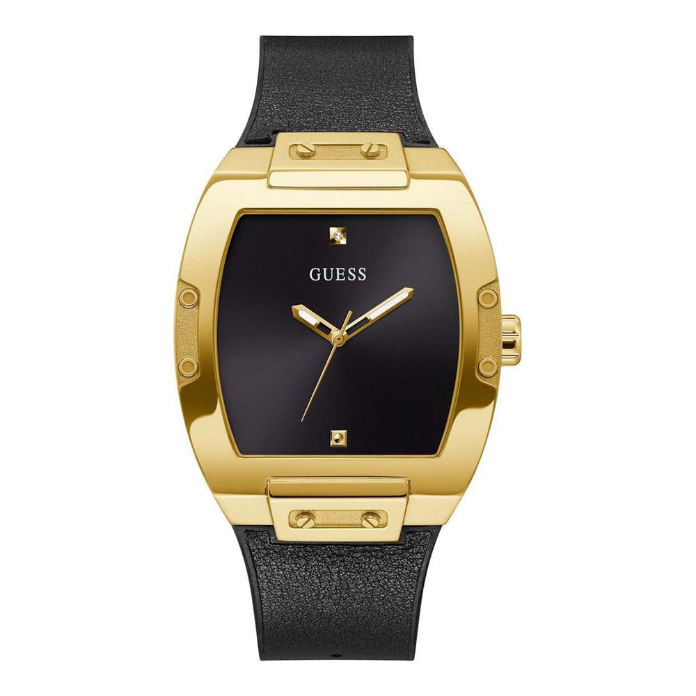 GUESS Men's Trend Casual Tonneau Diamond 43mm Watch - Black Dial Gold-Tone Stainless Steel Case with Black Flex Strap