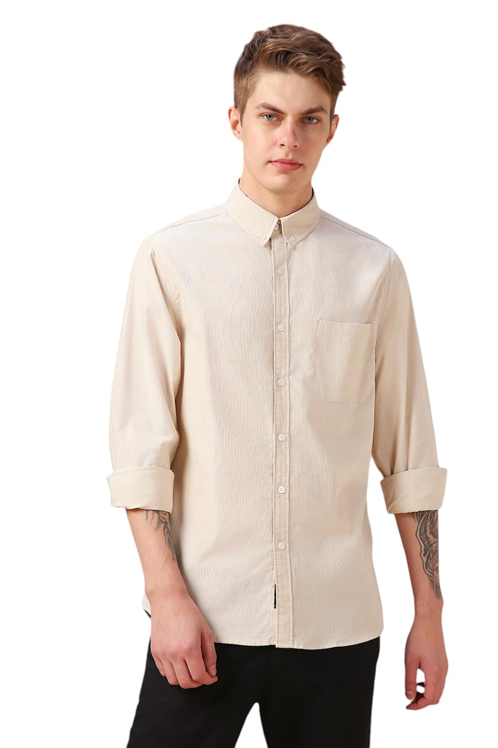 Dennis Lingo Men Beige Solid Cotton Relaxed Fit Full Sleeve Shirts