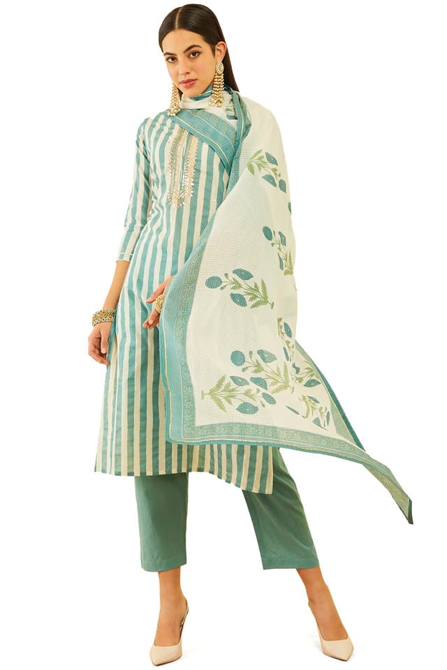 Soch Women Cotton Striped Suit Set with Sequins Embellished