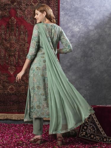 ANNI DESIGNER Womens Rayon Blend Printed Straight Kurta with Pant & Dupatta (VICE Green-VKS03_M_Green_Medium)