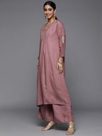 Varanga Mauve Embroidered A-Line Kurta With Palazzo And Dupatta