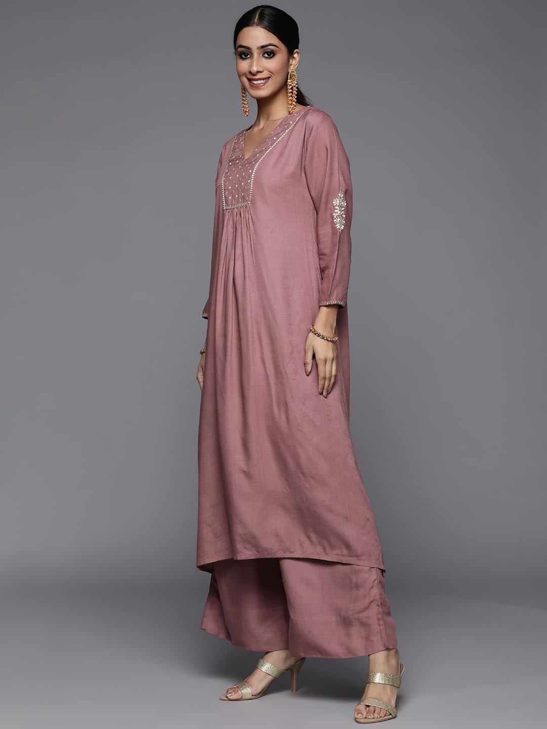 Varanga Mauve Embroidered A-Line Kurta With Palazzo And Dupatta