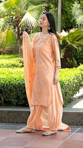 ANNI DESIGNER Ladies Cotton Blend Dupatta Kurta Trousers, peach, S