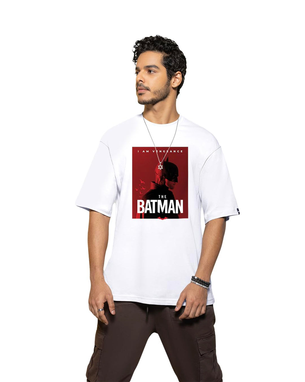 Bewakoof Mens Batman Poster Graphic Print White Round Neck Half Sleeve Loose Fit T-Shirt