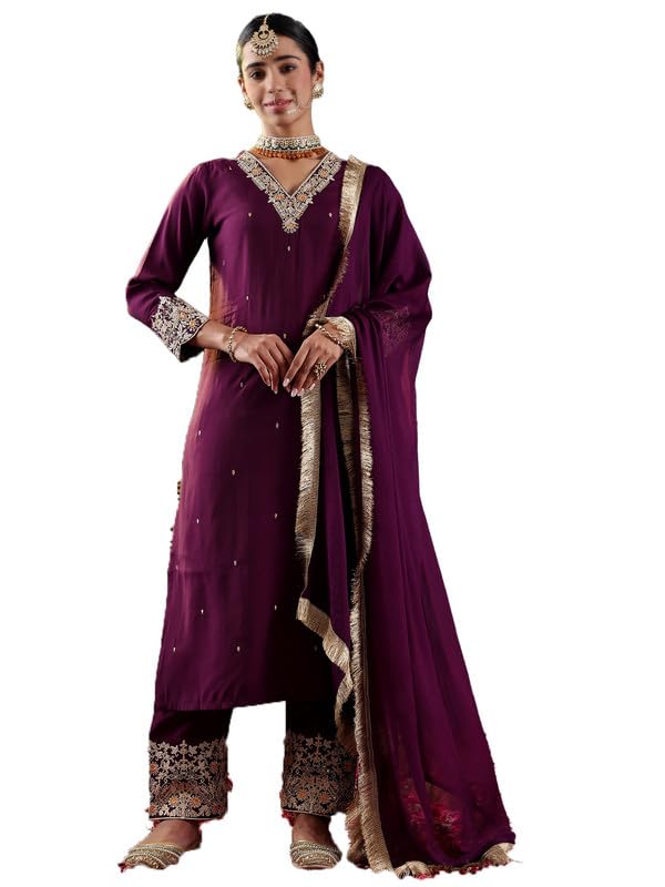 Varanga Women Purple Zari Embroidered Sequin Embellished Kurta Paired With Bottom And Dupatta