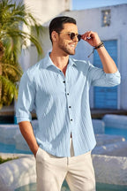 Macsivo MenS Casual Button Down Shirts Long Sleeve Linen Shirt Fashion Textured Beach Summer Shirt Sky