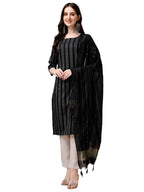 Fashion Basket Women Cotton Striped Printed Kurta Set With Pant & Dupatta (Small, Black-1)