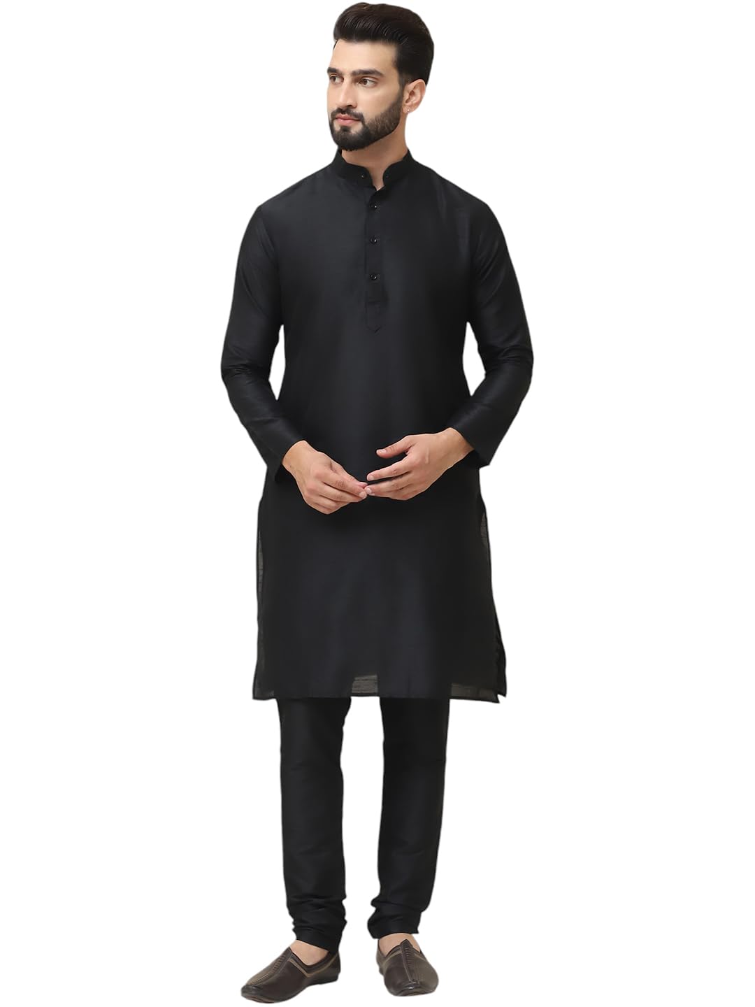 SOJANYA (Since 1958 Mens Black Dupion Silk Kurta & Churidaar Pyjama