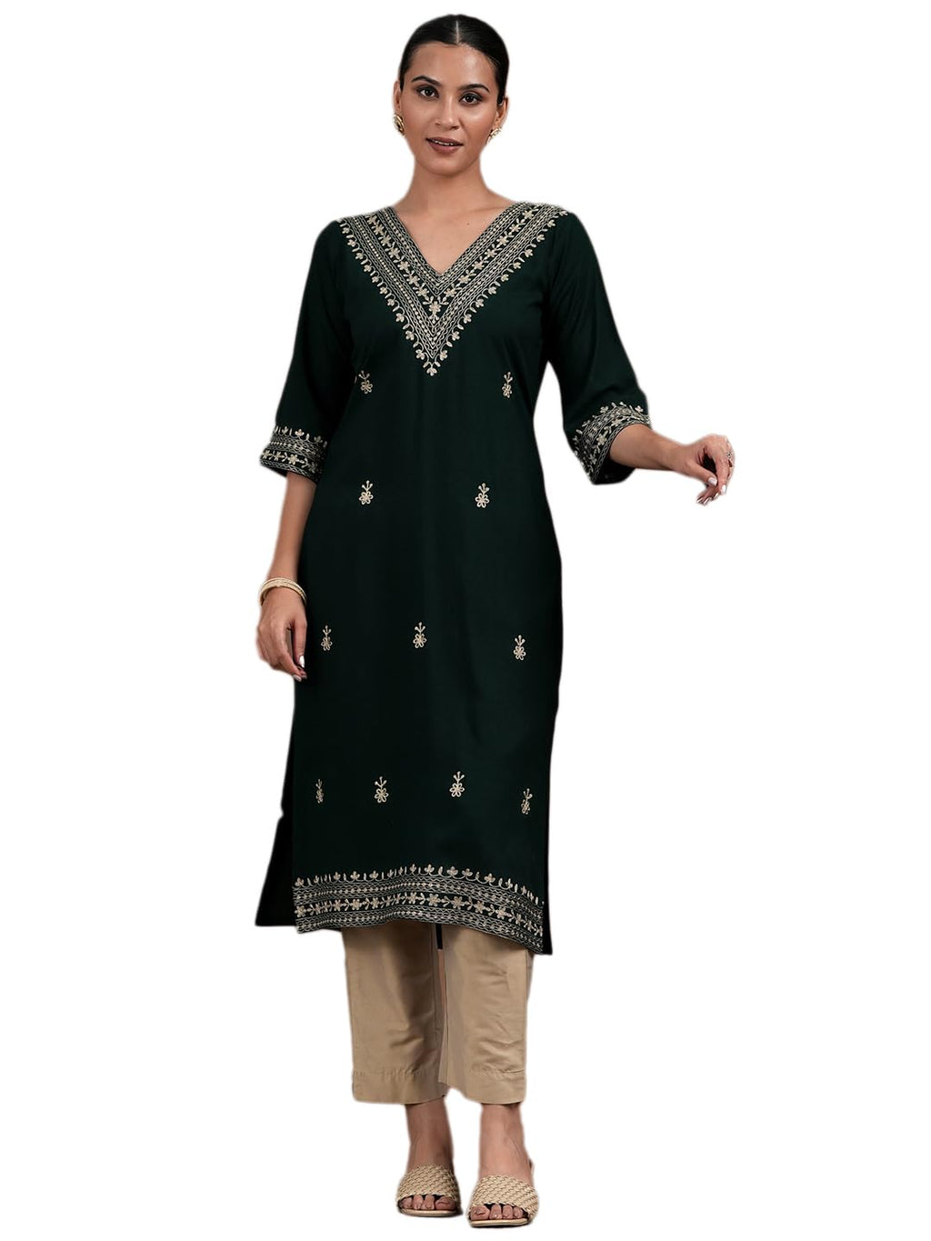 Libas Womens Embroidered Viscose Straight Kurta For Women Green