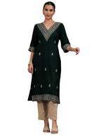 Libas Womens Embroidered Viscose Straight Kurta For Women Green