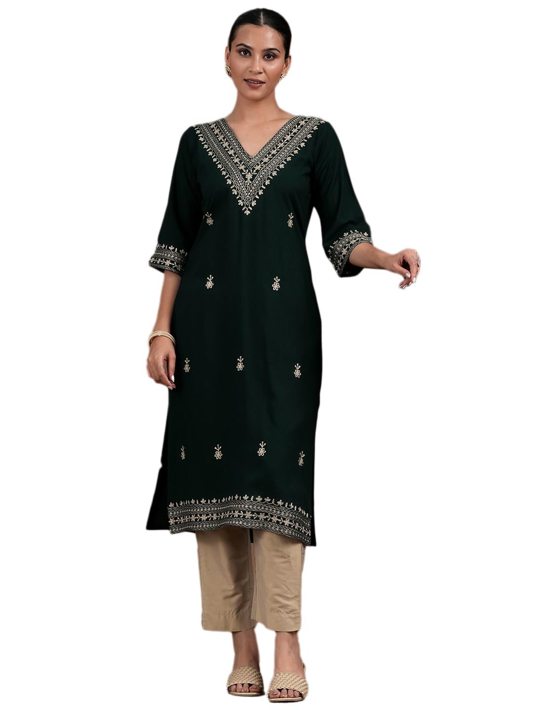Libas Womens Embroidered Viscose Straight Kurta For Women Green