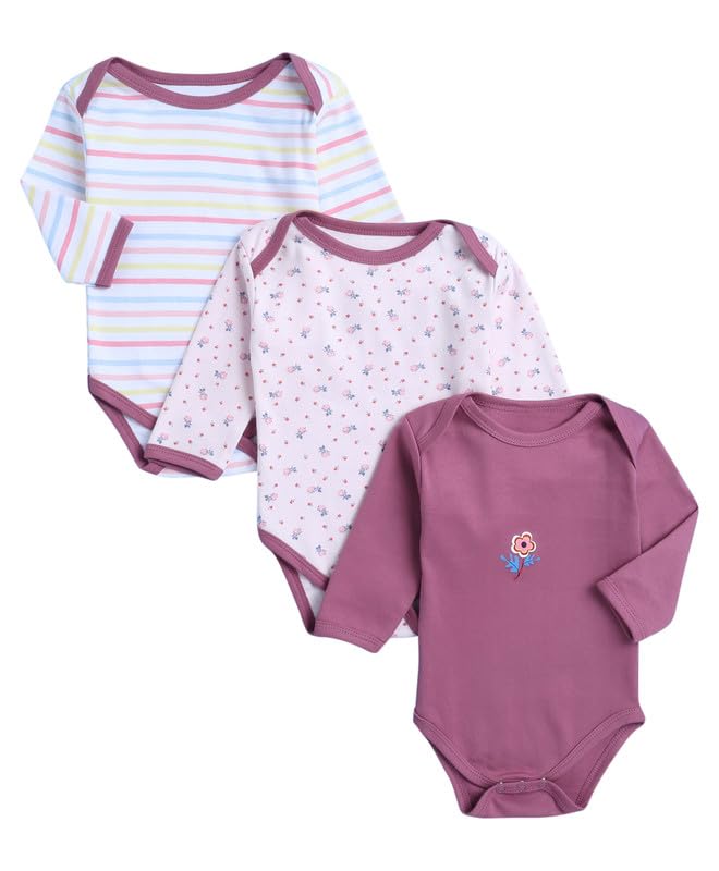 BUMZEE Mauve & Pink Baby Girls Full Sleeves Cotton Bodysuit/Onesies Pack Of 3 Age - New Born (Peb9944A-muv.pnk)