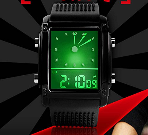 FANMIS Men's Waterproof Rectangle Dial Analog Digital Wrist Watch with Five LED Backlight Color Black