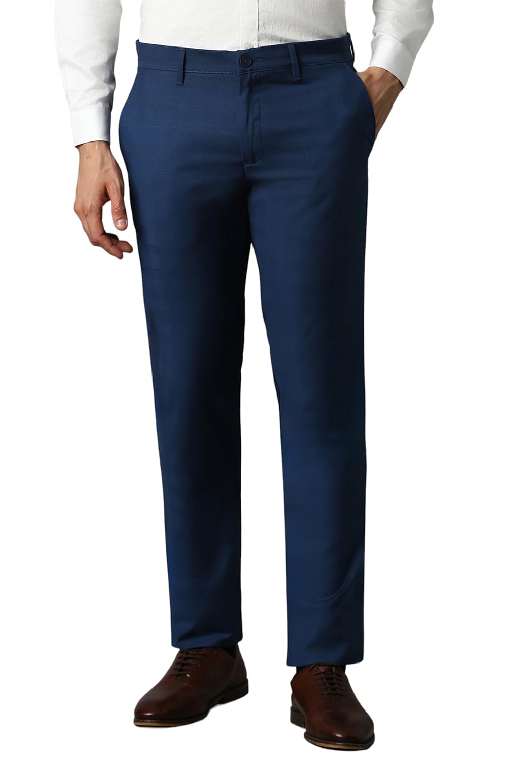 Men Blue Super Slim Fit Check Flat Front Casual Trousers