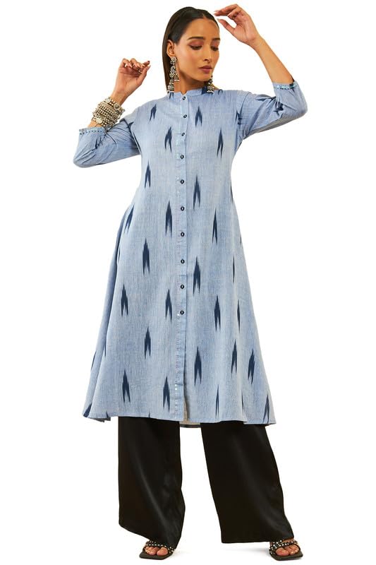 Soch Womens Blue Cotton Ikat Printed Straight Kurta With Sequins