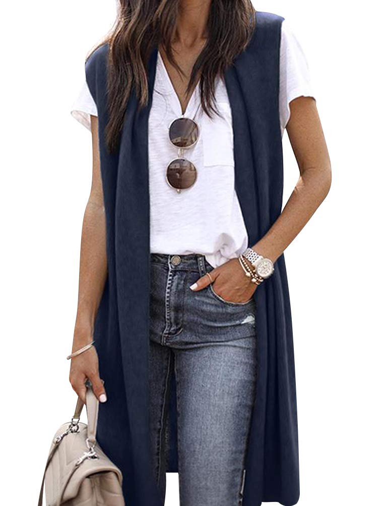 ZXZY Women casual Sleeveless Open Front Tunic Vest Long cardigan Tops coat Navy