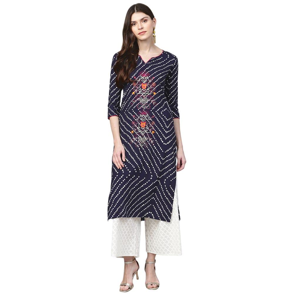 Anubhutee Women'S Rayon Navy Blue Geometric Embroidered Straight Kurta Suit Set With Palazzo