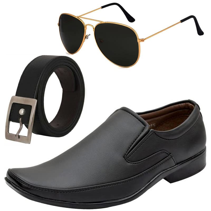 Vitoria Tranding & Fashionable Boys Formal Shoes with Free Belt & Unisex Black Avitor Sunglasses Combo/9 9
