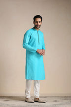 Manyavar Kurta Set For Men, Full Sleeves Mandarin Collar Ethnic MenS Kurta Set For Engagement, Wedding, Party Cotton Solid (Blu