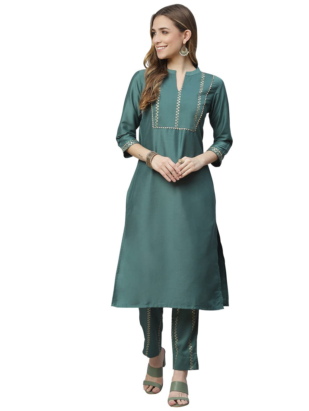 Ziyaa Art Silk Women'S Green Color Chinon Straight Kurta And Pant Set (Zikuch3562Andpa- 3Xl)