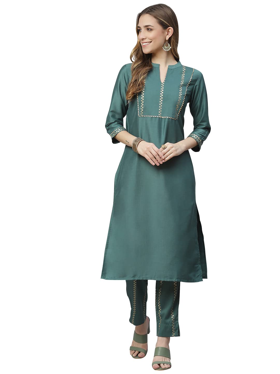 Ziyaa Art Silk Women'S Green Color Chinon Straight Kurta And Pant Set (Zikuch3562Andpa- 3Xl)