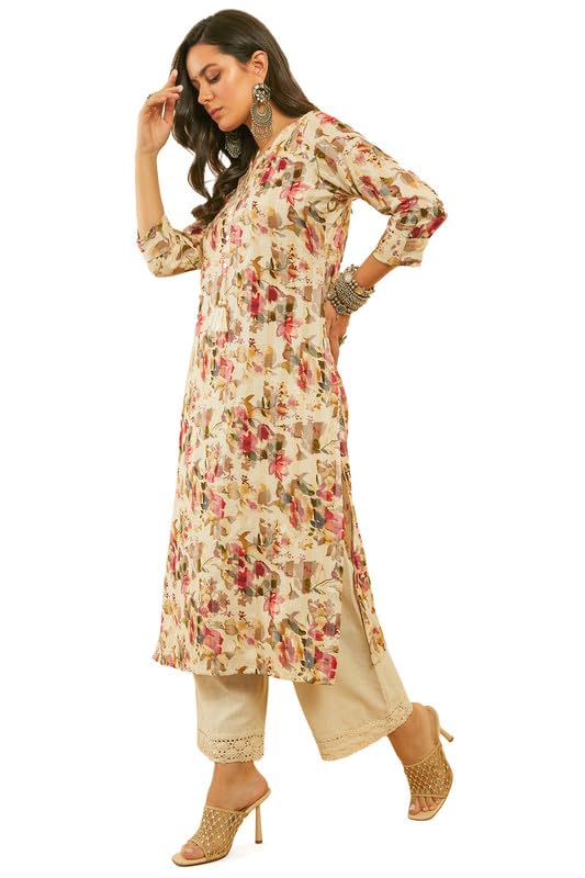 Soch Womens Pink Rayon Floral Print Kantha Weave Kurta With Tassels