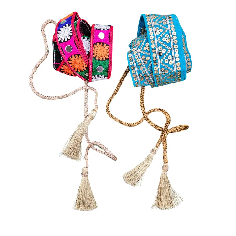 Traditional Embroidery Set Of 2 Decorative Fabric Colourful Waist Belts For Women And Girls For Kurtas, Lehengas And Garba | Clo 40
