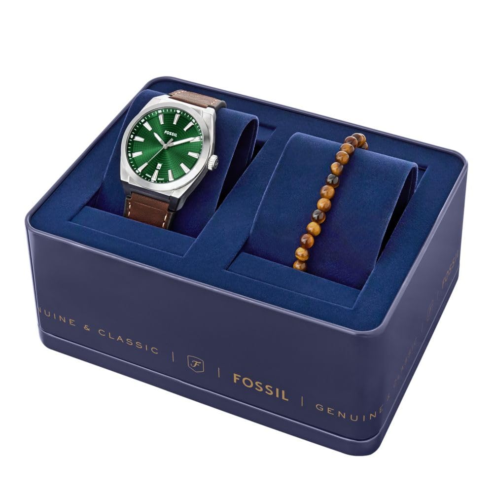 Fossil Men's Everett Three-Hand Date Brown Leather Watch and Bracelet Set