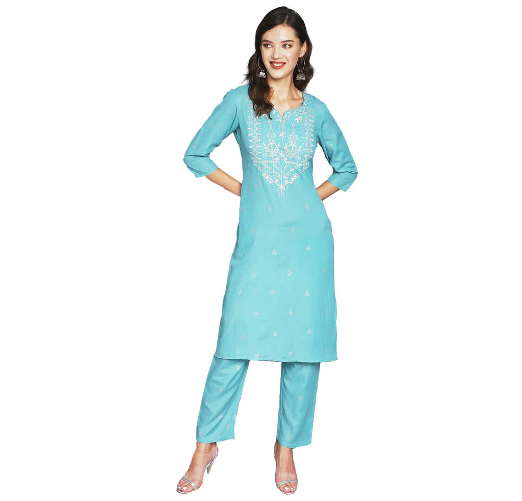 Anubhutee Women'S Rayon Blue Thread Work Ethnic Motifs Embroidered Straight Kurta Suit Set With Pants